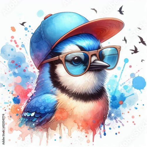 Cartoon Blue Jay Bird: Abstract Watercolor Painting with Colorful Details and Sunglasses, Perfect for T-shirt Prints or High-Quality Wall Art.
 photo