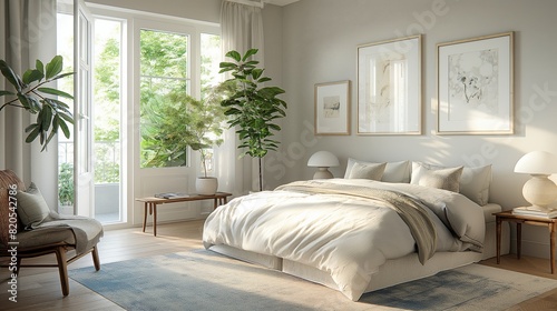 Cozy Bedroom with Large Windows and Plants 
