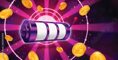 3d casino slot machine purple game background. Lucky blank gambling banner for jackpot online. Realistic lottery winner illustration with coin. Empty roulette with handle to bet big money concept © klyaksun