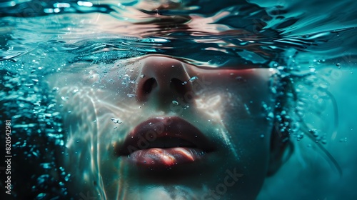 A woman's face is partially submerged in water, creating a distorted and dreamy effect. The water is clear and calm, reflecting the woman's features and creating a sense of serenity © phairot