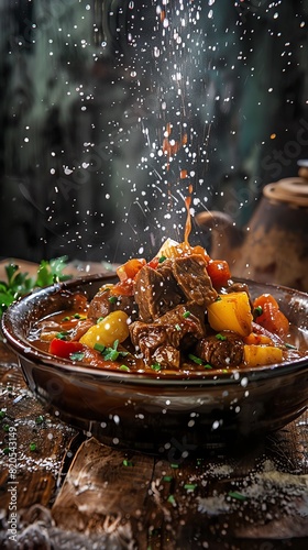 Goulash  hearty beef and vegetable stew  rustic Central European kitchen