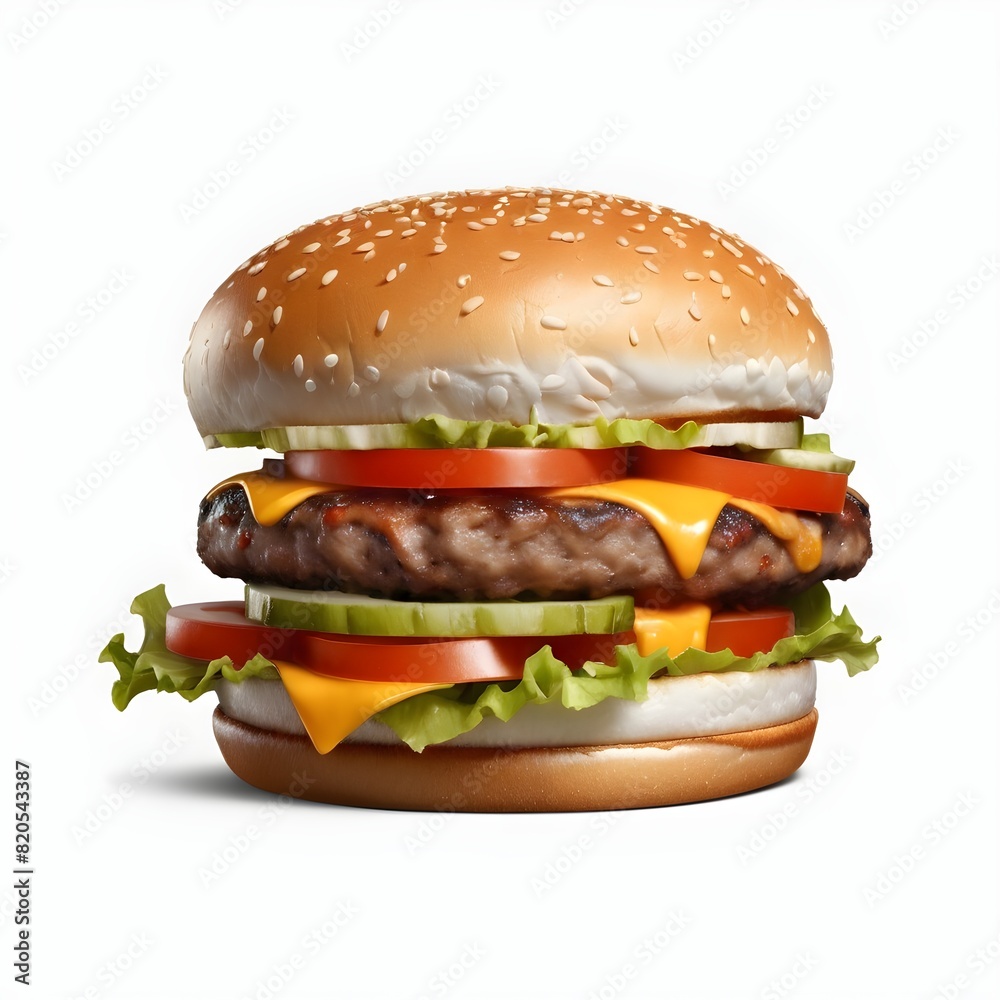 Classic burger with beef cutlet vegetables and onions isolated on a white background Classic burger with beef cutlet vegetables and onions isolated on a white background