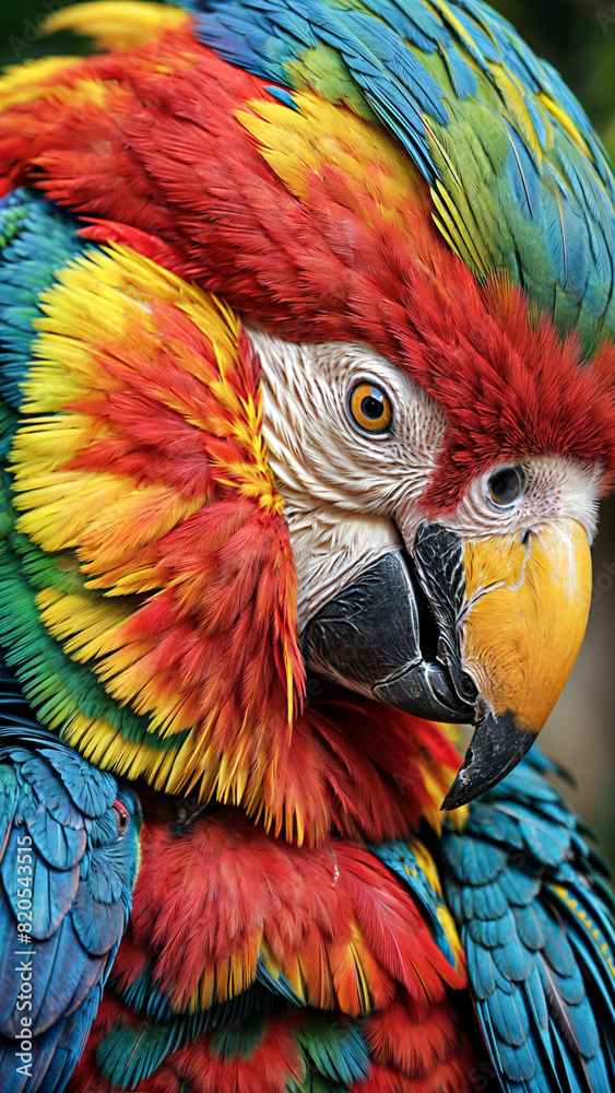 Obraz premium A Dazzling Dance of Feathers: Parrot's Portrait in Vibrant Hues
