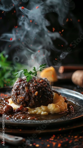 Haggis, Scottish dish made from sheeps offal, served during Burns Night celebration in Edinburgh photo