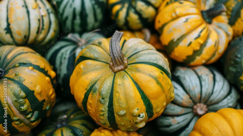 Detailed view of assorted striped pumpkins in green and yellow hues, highlighting their textures and color variations