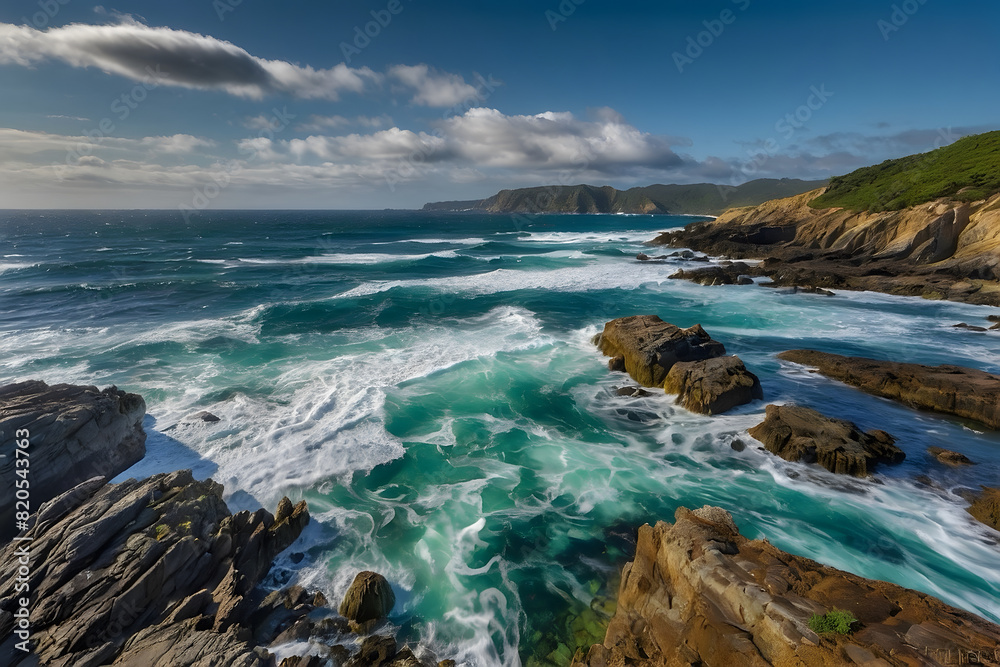 A landscape of an ocean and rocky coastline A landscape of an ocean and rocky coastline