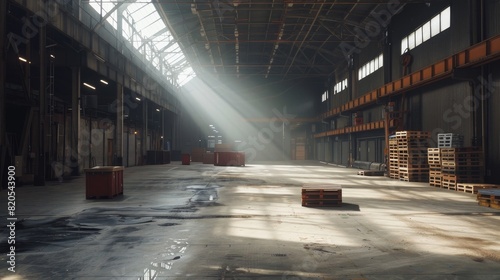 Detailed shot of pallets scattered on the floor  large industrial warehouse  concrete floor  steel beams  overhead fluorescent lights casting shadows