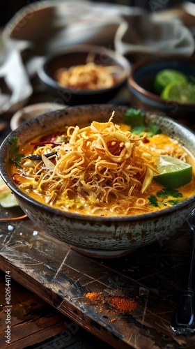 Khao Soi, creamy coconut curry noodle soup, topped with crispy noodles and lime wedge, rustic kitchen setting in Chiang Mai photo