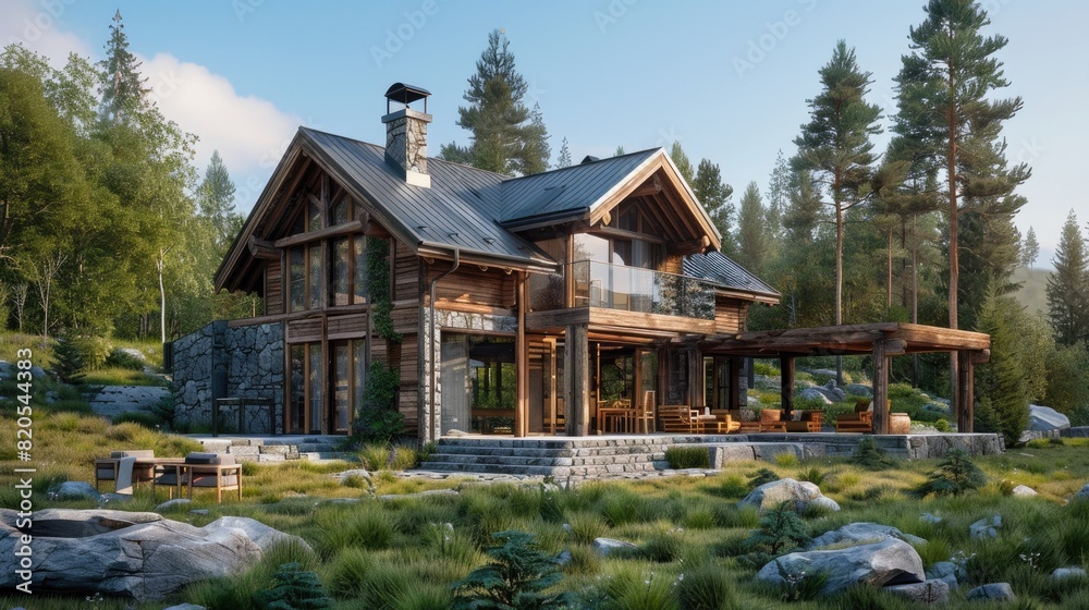 Rustic hunting house in the forrest. Generative AI Rustic hunting house in the forrest. Generative AI