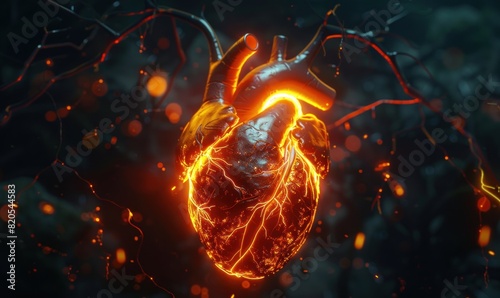 Digital interpretation of a human heart, emanating a red, pulsating glow