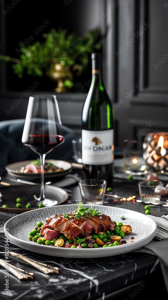 Luxembourgish Judd mat Gaardebounen, smoked collar of pork with broad beans, elegant dining table setting, sophisticated European decor