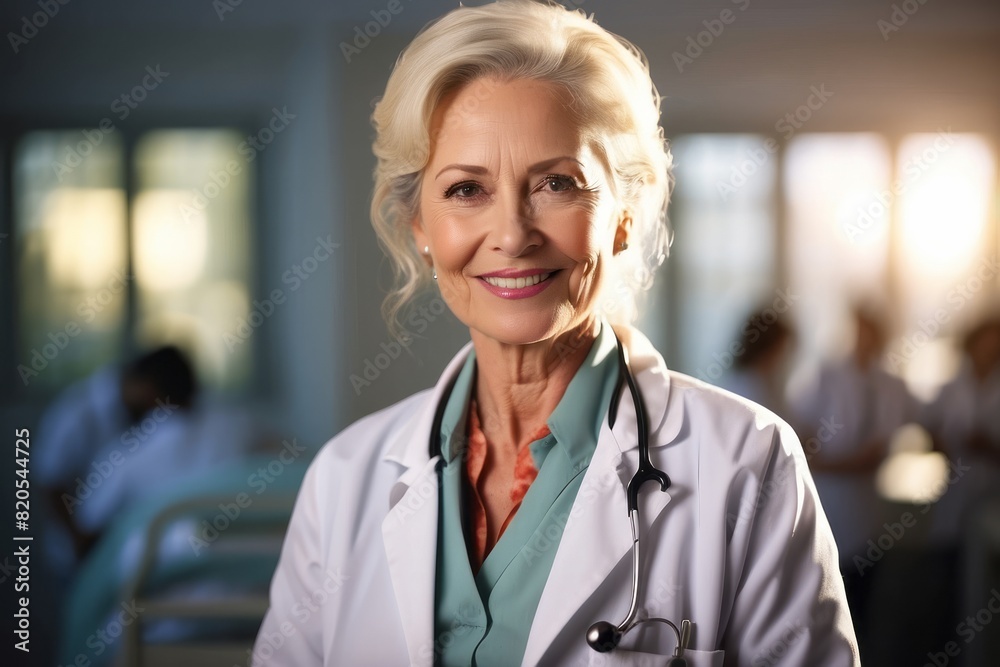 cheerful mature woman doctor holding digital tablet in hospital cheerful mature woman doctor holding digital tablet in hospital