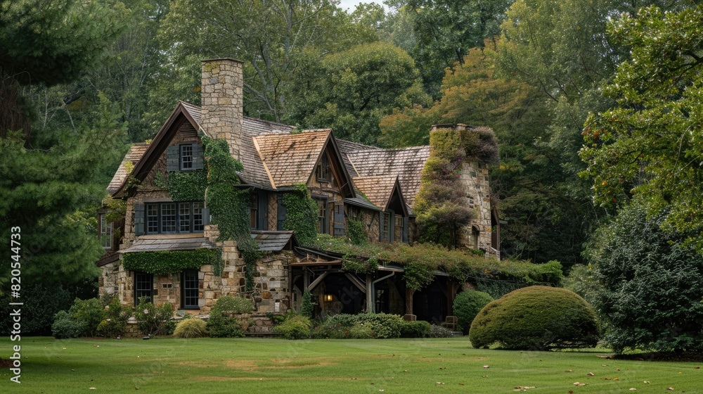 Rustic hunting house in the forrest. Generative AI