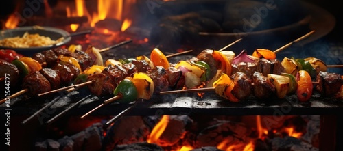 grilled food being prepared on skewers in front of a fire.