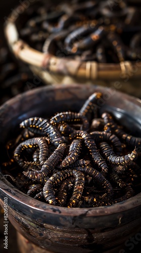 Mopane worms, dried and fried, served as a snack, local Zimbabwean market photo