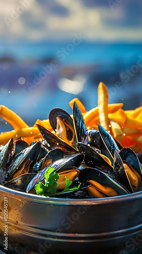 Moules frites, mussels cooked in white wine sauce, served with fries, Belgian beachside cafe