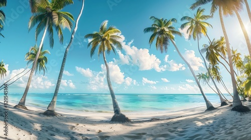 panorama of tropical beach with coconut palm trees   Generative AI