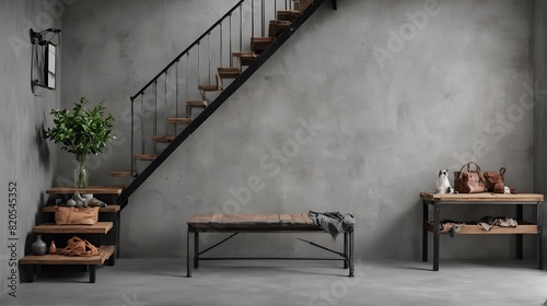 industrial chic aesthetic of a loft entrance hall with a staircase and a rustic wooden bench near a concrete wall. close up