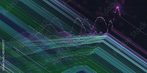 bstract  background color graph  in net from circles and blurred lines on dark. Technology wireframe concept virtual data. Banner for business, science and technology data analytics. Big Data.

