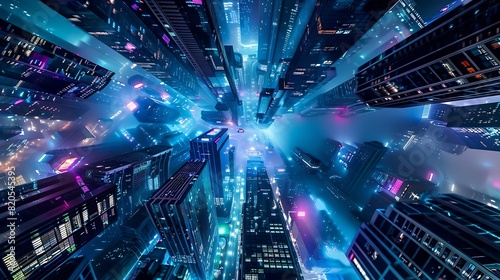 Panoramic urban architecture cityscape with space and neon light effects Modern hitech science futuristic technology concept Abstract digital hightech city design for banner background   Generative AI