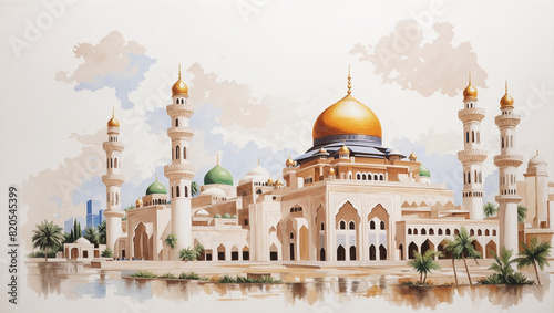 a painting of a mosque with white walls and green palm trees in front of it.