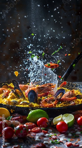 Paella, vibrant and colorful with seafood and saffron rice, large traditional pan, Spanish beachside celebration photo