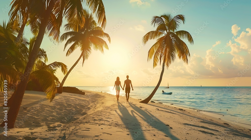 A couple walking in the morning sunshine on a tropical beach baa atoll maldives : Generative AI