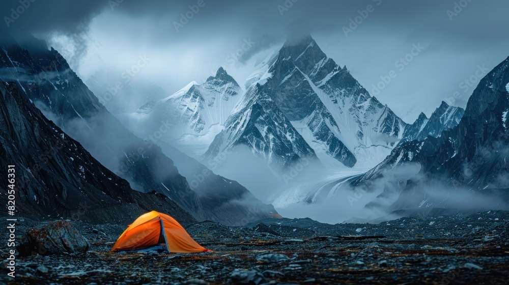 A view of a camp site with a mountain behind it