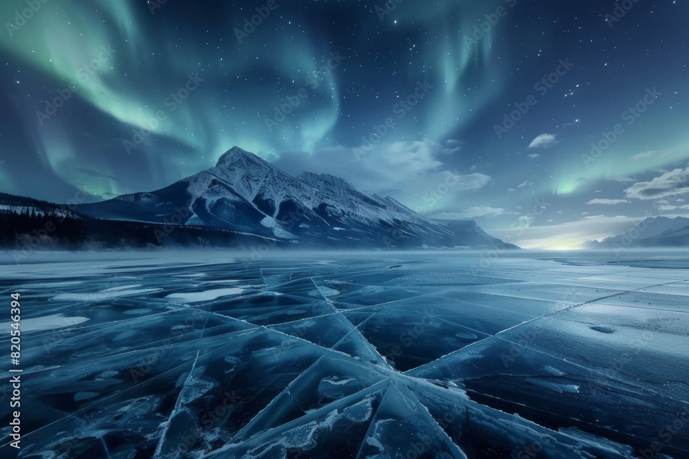 Naklejka premium A frozen lake witn cracks, there is a snowcap mountain in the background. Aurora glowing in the sky