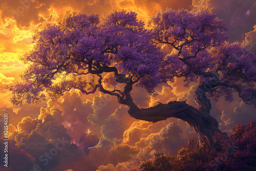 a photo of weird purple thick tree with sun rays passing through its zigzag branches in yellowish cloudy background