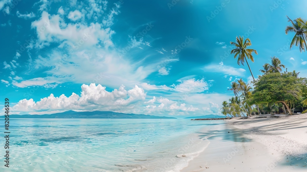 custom made wallpaper toronto digitalBeautiful beach with white sand turquoise ocean green palm trees and blue sky with clouds on Sunny day Summer tropical landscape panoramic view : Generative AI