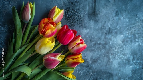 Tulip tulips bouquet Present for March 8 International Womens Day Holiday decor with flowers Bouquet with colorful tulips Red tulip yellow tulip Holiday floral decor Spring tulips bouq : Generative AI photo