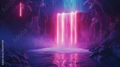Wallpaper Mural Stunning neon-lit waterfall in a cavern, casting vibrant reflections on the water, creating a surreal atmosphere. Torontodigital.ca