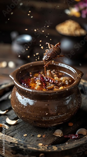 Scorpion soup, served in a clay pot, exotic dish in a Chinese village