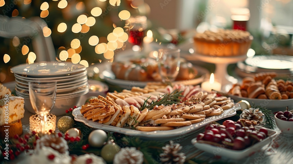 Festive christmas dinner table with main dish, appetizers, desserts, and elegant decor