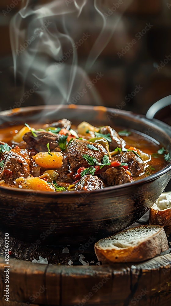Side view of a steaming bowl of Hungarian goulash, rich and hearty with chunks of beef and vegetables, rustic bread on the side, warm kitchen setting Side view of a steaming bowl of Hungarian goulash, rich and hearty with chunks of beef and vegetables, rustic bread on the side, warm kitchen setting