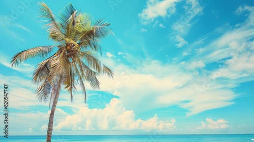 Palm tree on tropical beach with blue sky and white clouds abstract background Copy space of summer vacation and business travel concept Vintage tone filter effect color style   Generative AI