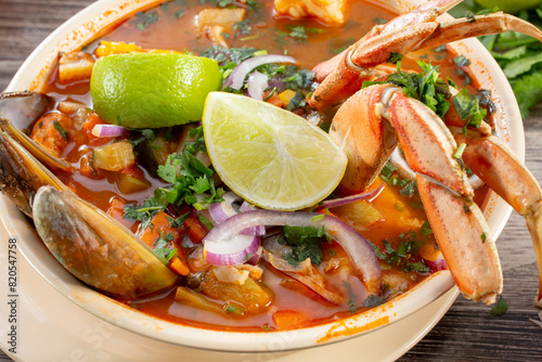 A closeup view of a big bowl of siete mares.