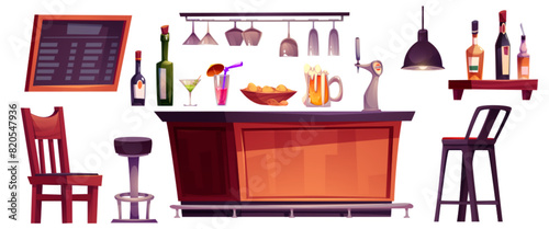 Counter bar and table for pub interior cartoon. Restaurant stage with alcohol cocktail, snack food and craft beer drink. Wooden desk with pump to order icons. Menu board and shelf furniture isolated