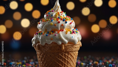 Delicious ice cream cone with multiple scoops of ice cream and sprinkles and syrup. photo