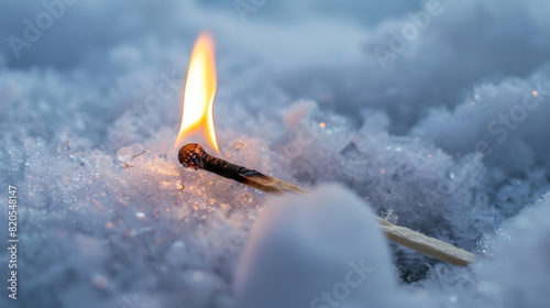 Ice melt concept image with a burning matchstick in snow