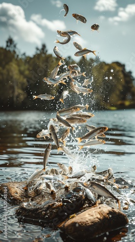 Surstromming, Swedish fermented herring, opened outdoors, traditional summer setting near a lake