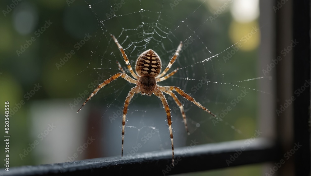 Female silver sided sector spider Zygiella x notata weaving its web on a window frame. Female silver sided sector spider Zygiella x notata weaving its web on a window frame.