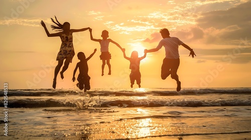 Happy asian family jumping together on the beach in holiday Silhouette of the family holding hands enjoying the sunset on the  beachHappy family travel and vacations concept   Generative AI