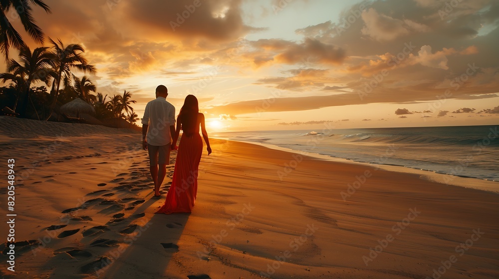 Lovely romantic couple walking on sunset beach enjoying evening light relaxing on tropical summer vacation Honeymoon Love Back view Woman wearing orange maxi dress : Generative AI