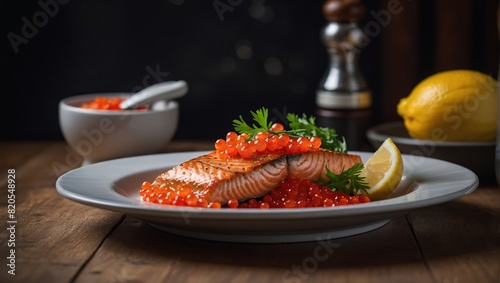 Wallpaper Mural Grilled pink salmon steaks topped with red caviar in a white bowl served with a lemon and vegetable salad on a white plate with utensils and a pepper grinder on a wooden table. Torontodigital.ca