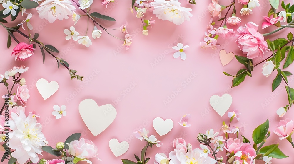 Bouquet of beautiful spring flowers and paper hearts on pastel pink table for Happy mothers day Flat lay : Generative AI