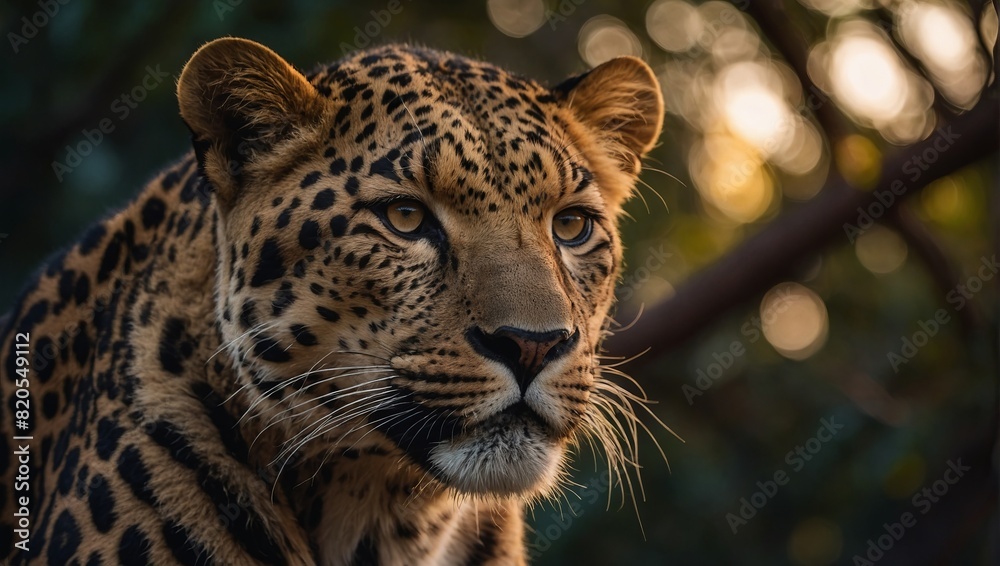 Fototapeta premium Leopard Portrait Lying on a Tree at Sunset, Professional Photography of Big Cats.