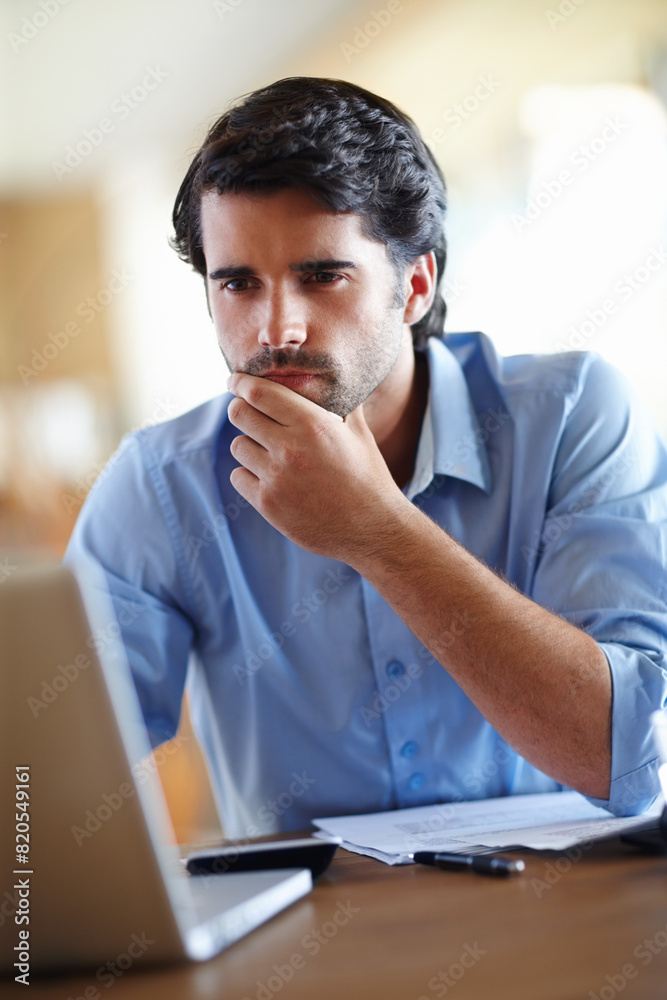Man, thinking and laptop in office for idea, brainstorming and working at desk. Male accountant, computer and thoughtful in company for planning, research and responsive for development in workspace Man, thinking and laptop in office for idea, brainstorming and working at desk. Male accountant, computer and thoughtful in company for planning, research and responsive for development in workspace