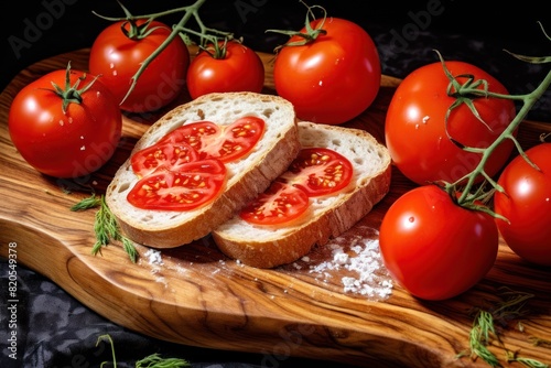 homemade tomatoes with bread on wooden board food photo